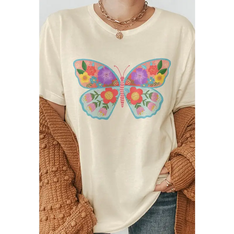 Hand Drawn Butterfly Floral Graphic Tee Natural Graphic Tee
