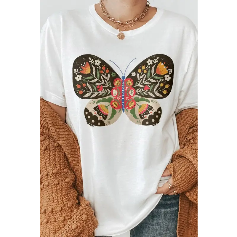 Hand Drawn Butterfly Floral Graphic Tee White Graphic Tee