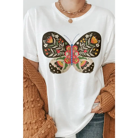 Hand Drawn Butterfly Floral Graphic Tee White Graphic Tee