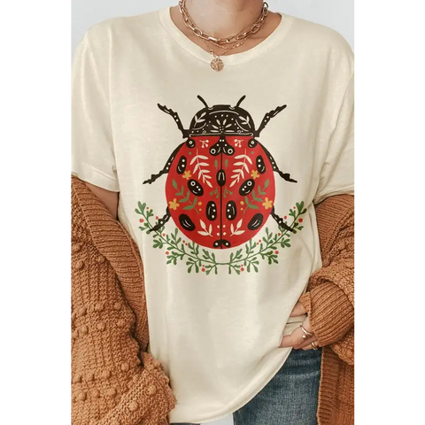 Hand Drawn Ladybug Floral Graphic Tee Natural Graphic Tee