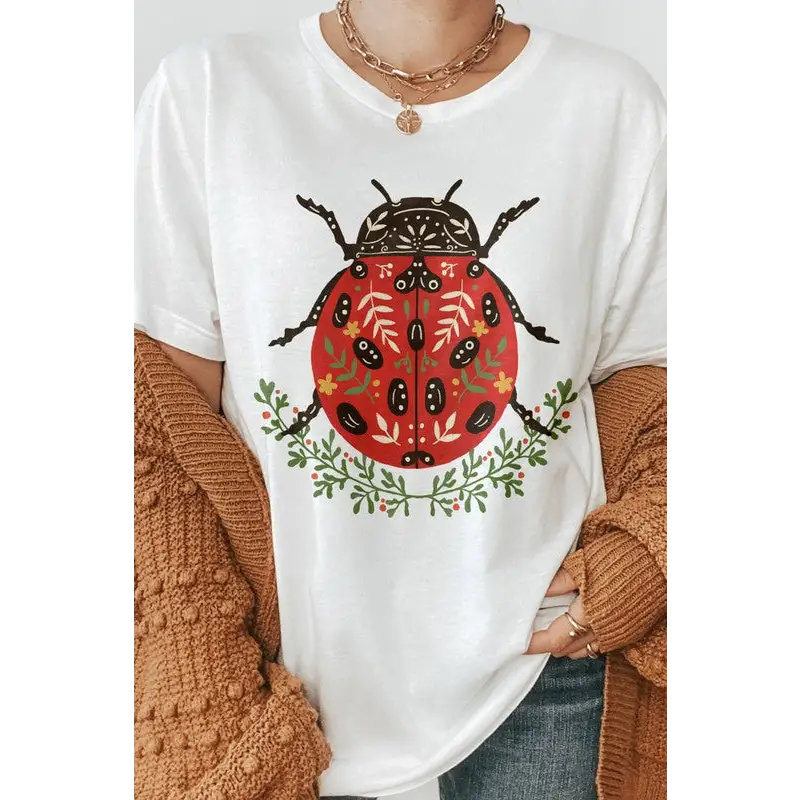 Hand Drawn Ladybug Floral Graphic Tee White Graphic Tee