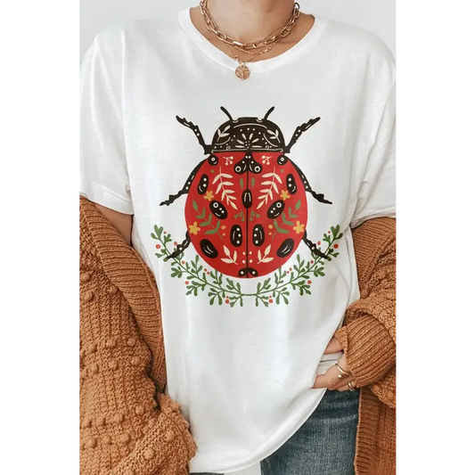 Hand Drawn Ladybug Floral Graphic Tee White Graphic Tee
