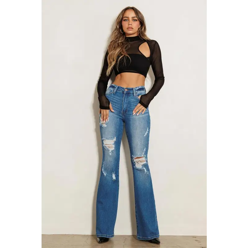 High Rise Distressed Flare Jeans Dark Stone Jeans