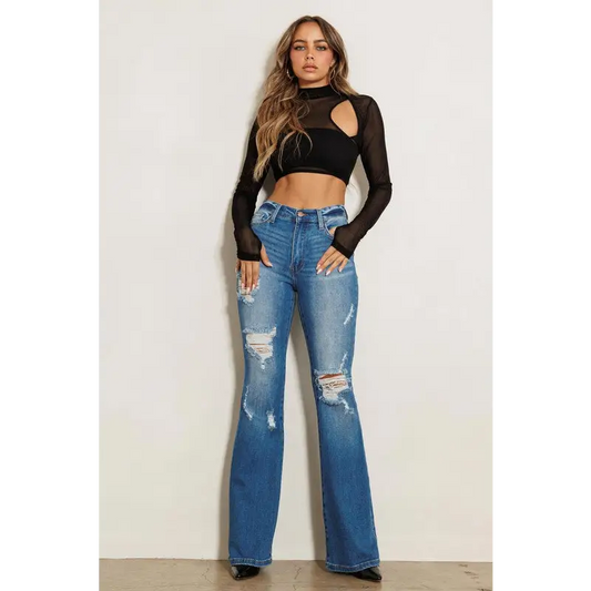 High Rise Distressed Flare Jeans Dark Stone Jeans