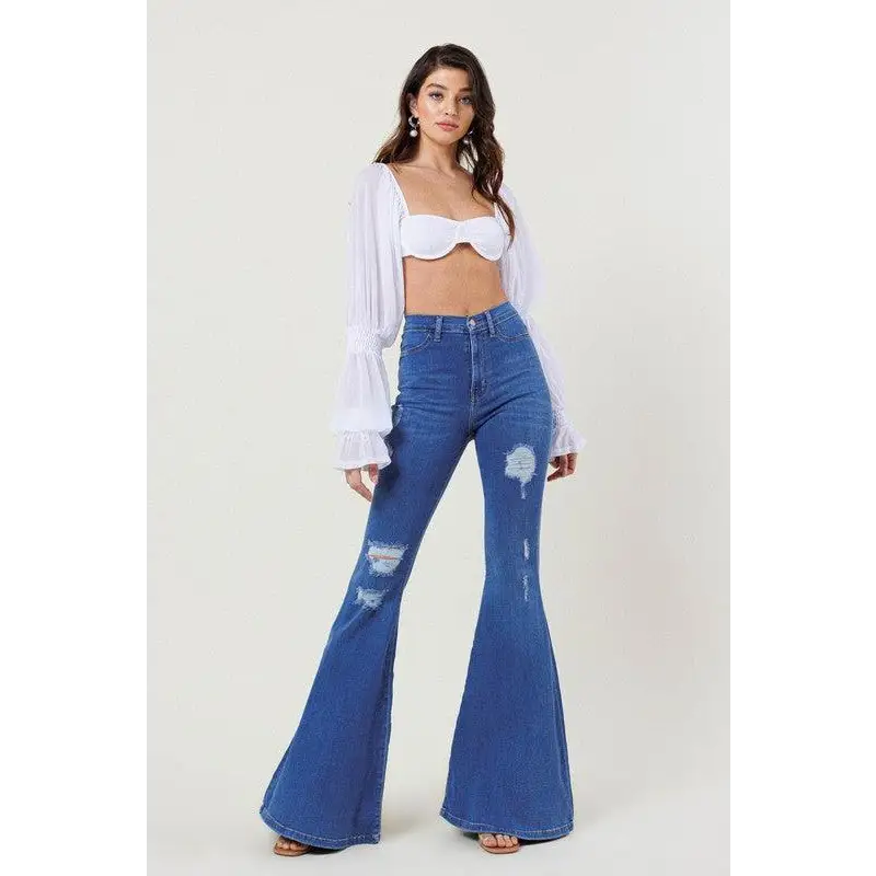 HIGH RISE DISTRESSED FLARE Medium Stone Jeans