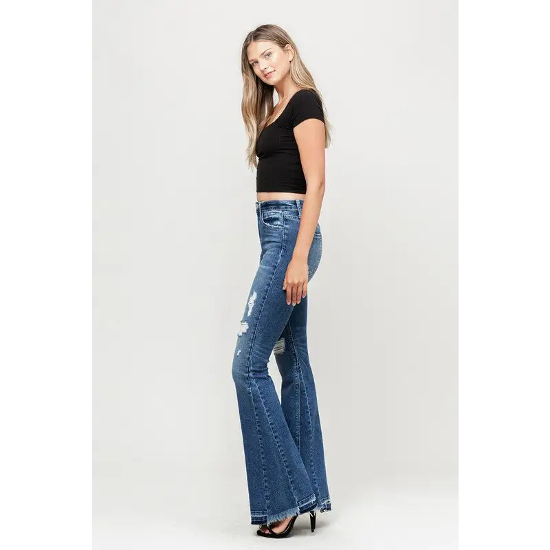 High Rise Distressed Released Hem Flare Jeans Jeans