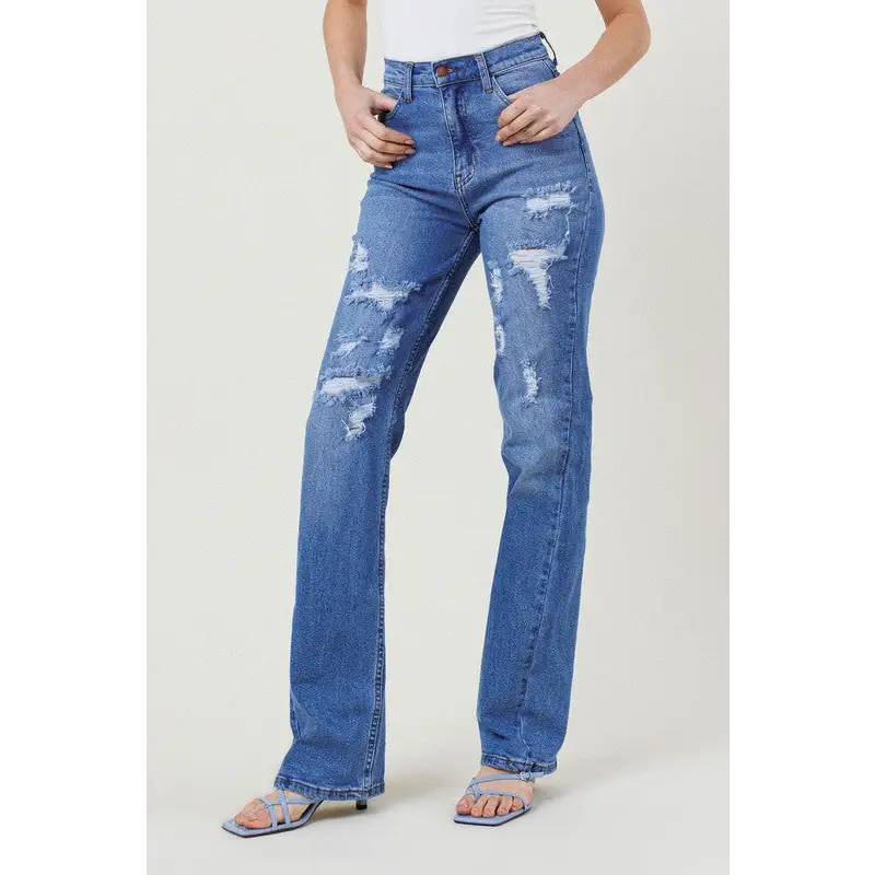 High Rise Distressed Straight Leg Jean Jeans