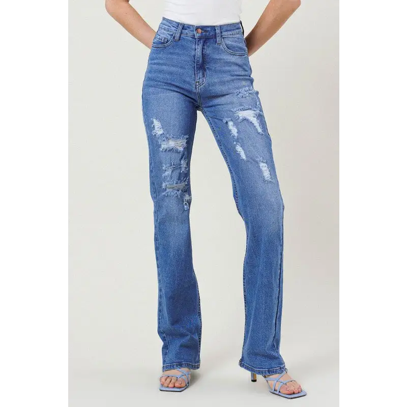 High Rise Distressed Straight Leg Jean Medium Stone Jeans