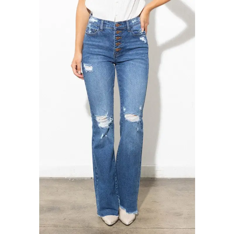 High Waisted Distressed Bootcut Jeans Medium Stone Jeans