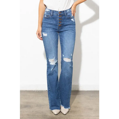 High Waisted Distressed Bootcut Jeans Medium Stone Jeans