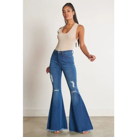 HIGH WAISTED DISTRESSED FLARE Medium Stone Jeans