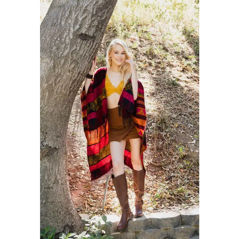 Indian Print Tassel Ruana Kimono Cardigan