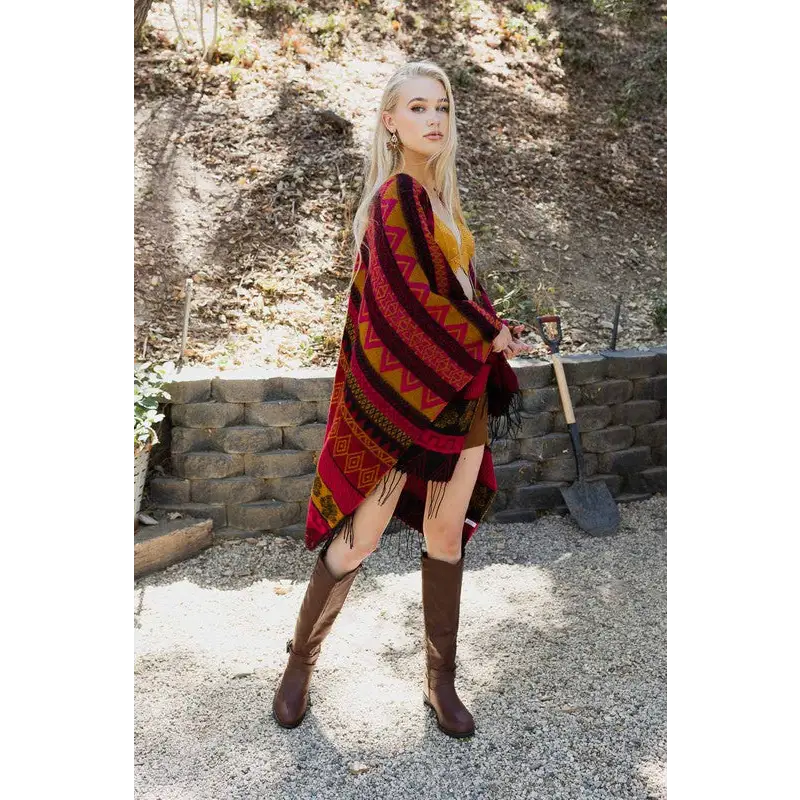 Indian Print Tassel Ruana Kimono Cardigan