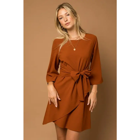 Kimono Sleeve Tie Wrap Dress Brown Dress