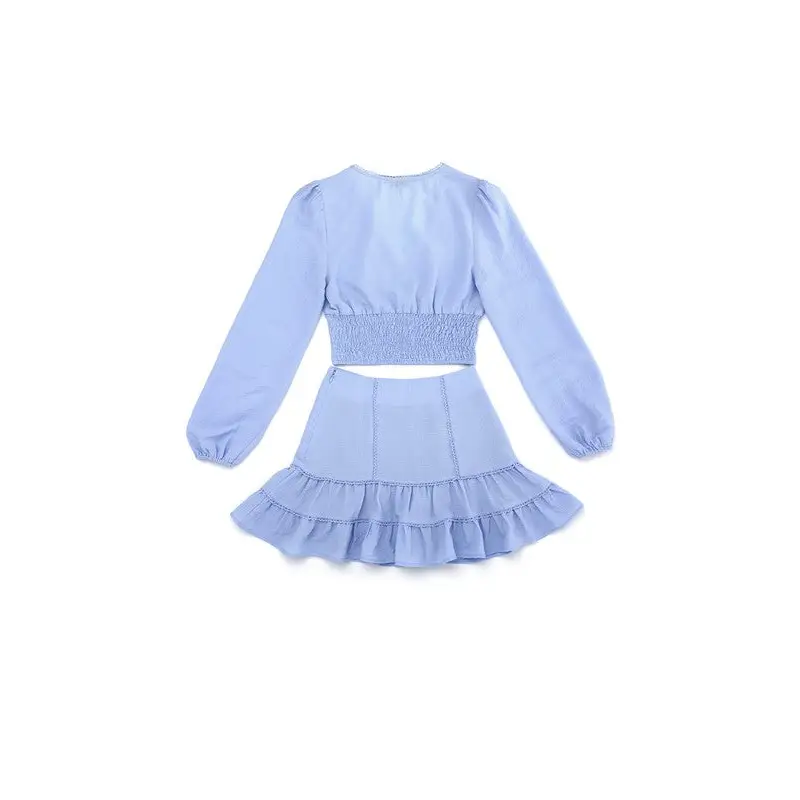 Lace trimmed smocking blouse and skirt set set