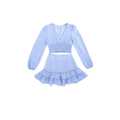 Lace trimmed smocking blouse and skirt set set