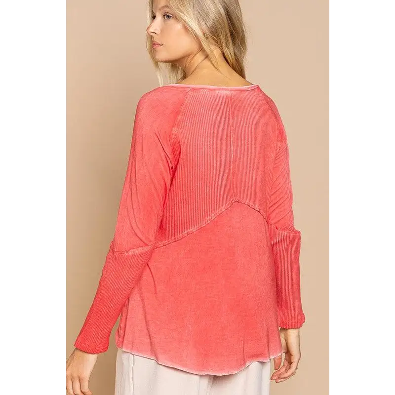 Light Wash Rib Textured Long Sleeve Top Top