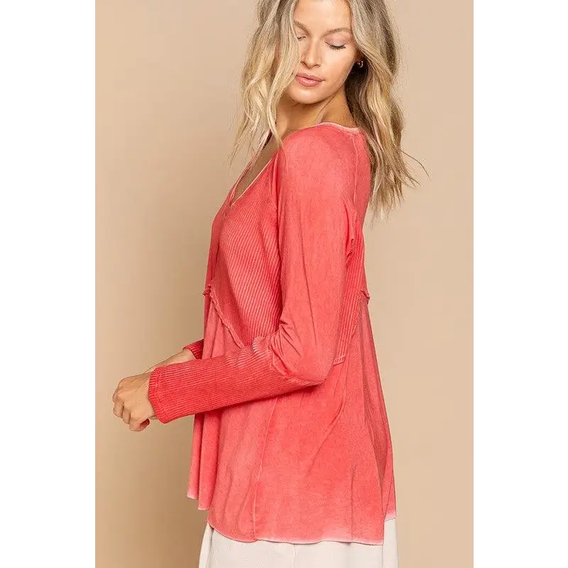 Light Wash Rib Textured Long Sleeve Top Top