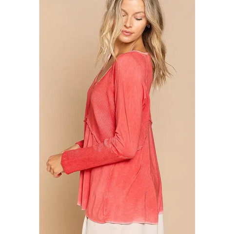 Light Wash Rib Textured Long Sleeve Top Top