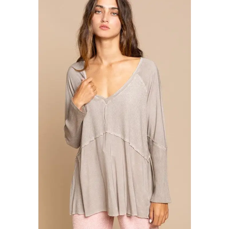 Light Wash Rib Textured Long Sleeve Top Top