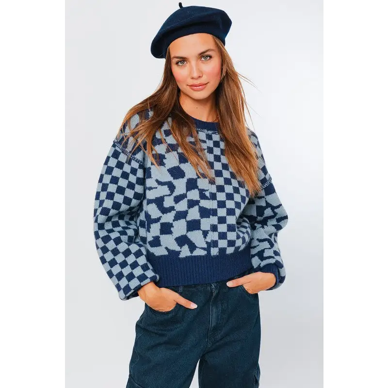 Long Sleeve Checkered Sweater NAVY-LT BLUE Sweater