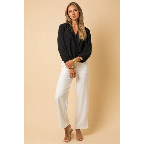 Long Sleeve Surplice Shoulder Shirring Top Top