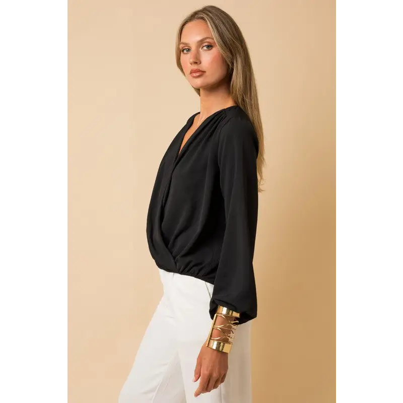 Long Sleeve Surplice Shoulder Shirring Top Top