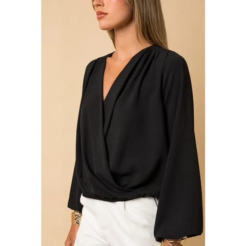 Long Sleeve Surplice Shoulder Shirring Top Top