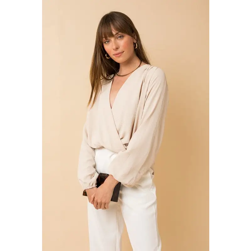 Long Sleeve Surplice Shoulder Shirring Top Top