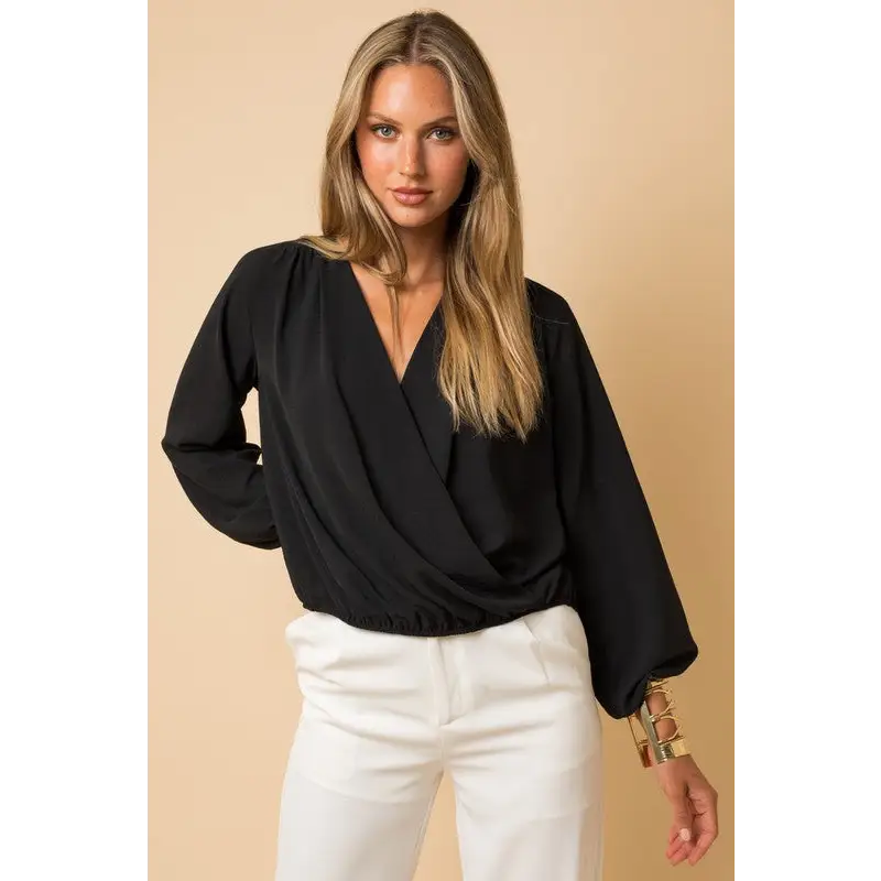 Long Sleeve Surplice Shoulder Shirring Top Black L Top