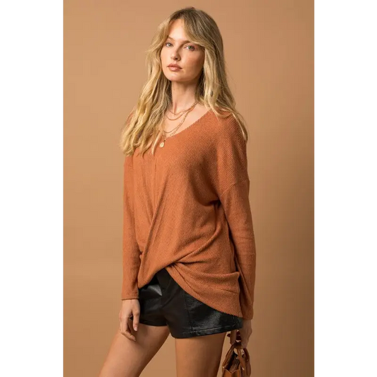 Long Sleeve V Neck Draped Top Top