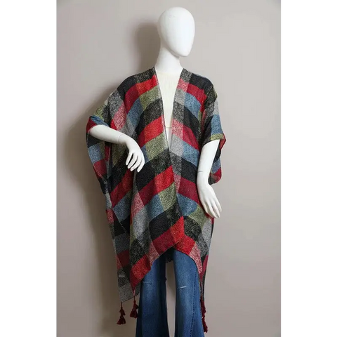 Multi Buffalo Checkered Kimono Red Blue Black Default Kimono Cardigan