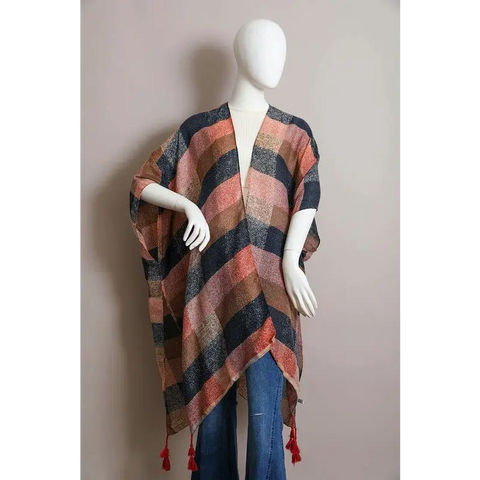 Multi Buffalo Checkered Kimono Rust Brown Blue Default Kimono Cardigan