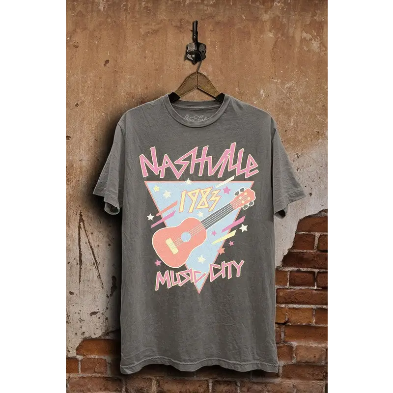 Nashville Music City Graphic Top Stone Gray Mineral Wash Graphic Tee