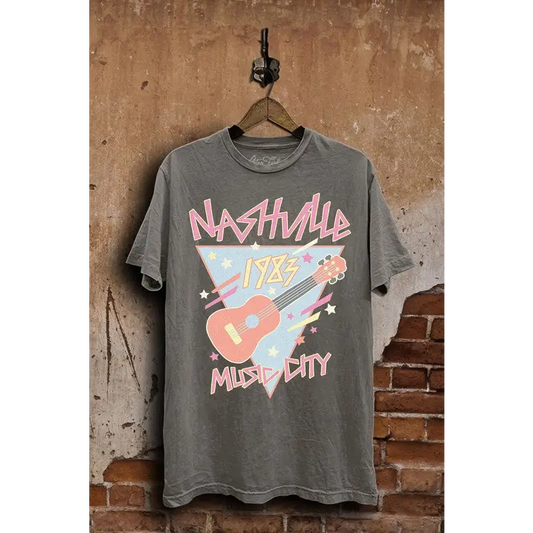 Nashville Music City Graphic Top Stone Gray Mineral Wash Graphic Tee