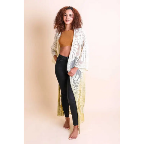 Ombre Bohemian Lace Kimono Ochre One Size