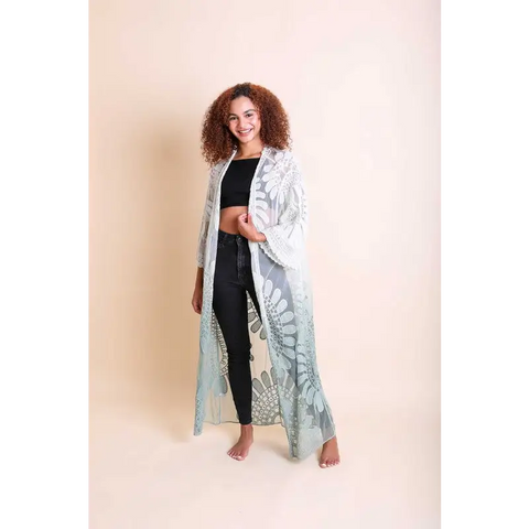 Ombre Bohemian Lace Kimono Seafoam One Size