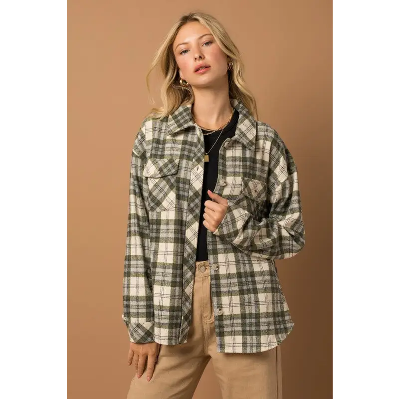 Oversize Plaid Shacket IVORY-OLIVE PLAID Jacket