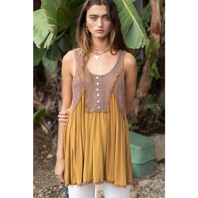 Perfect Flowy Fit Thermal Knit Paneled Tank Top MOCHA Top