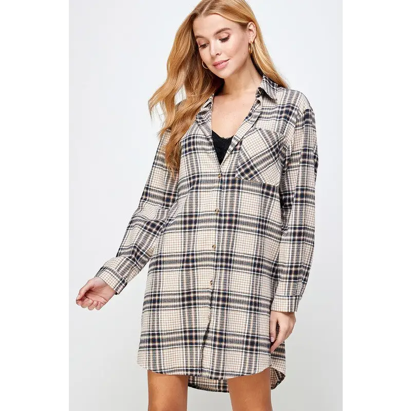 PLAID SHIRT DRESS Beige Dress