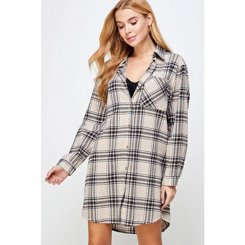 PLAID SHIRT DRESS Beige Dress