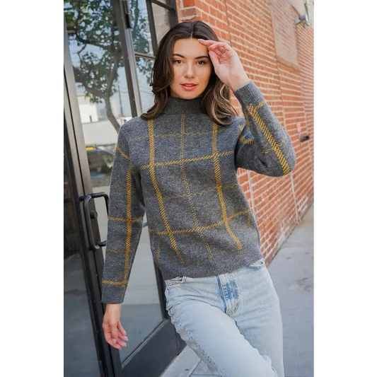 Plaid Turtleneck Sweater CHARCOAL/YELLOW Sweater