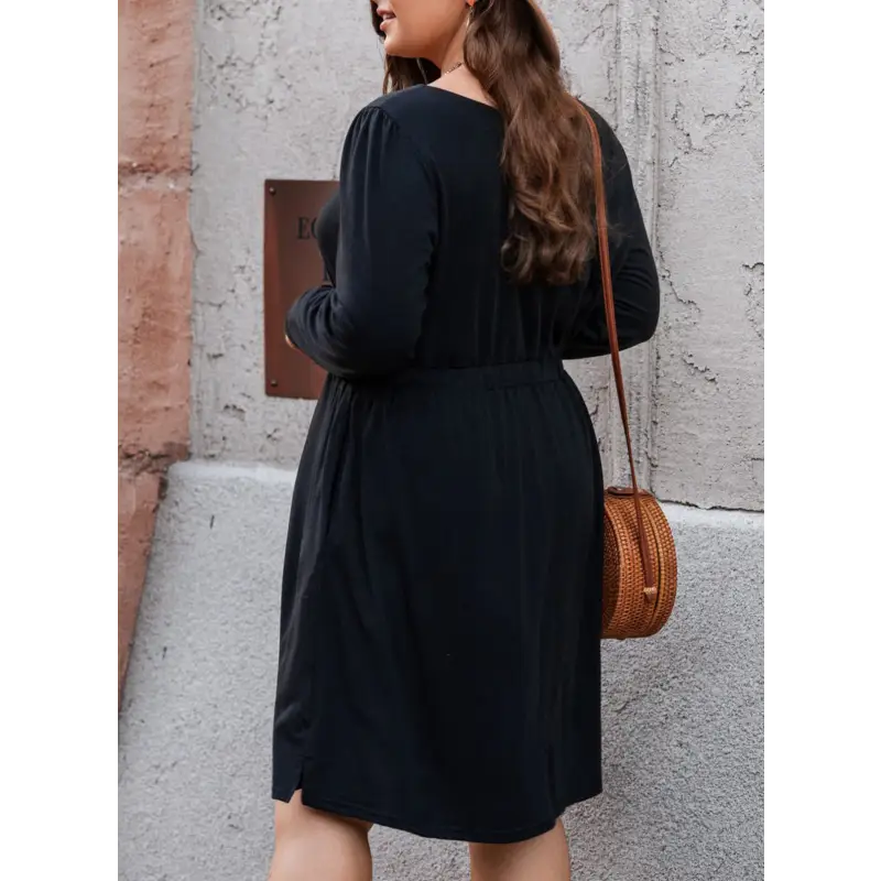 Plus Size Button Front Elastic Waist Long Sleeve Dress Dress