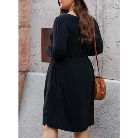 Plus Size Button Front Elastic Waist Long Sleeve Dress Dress