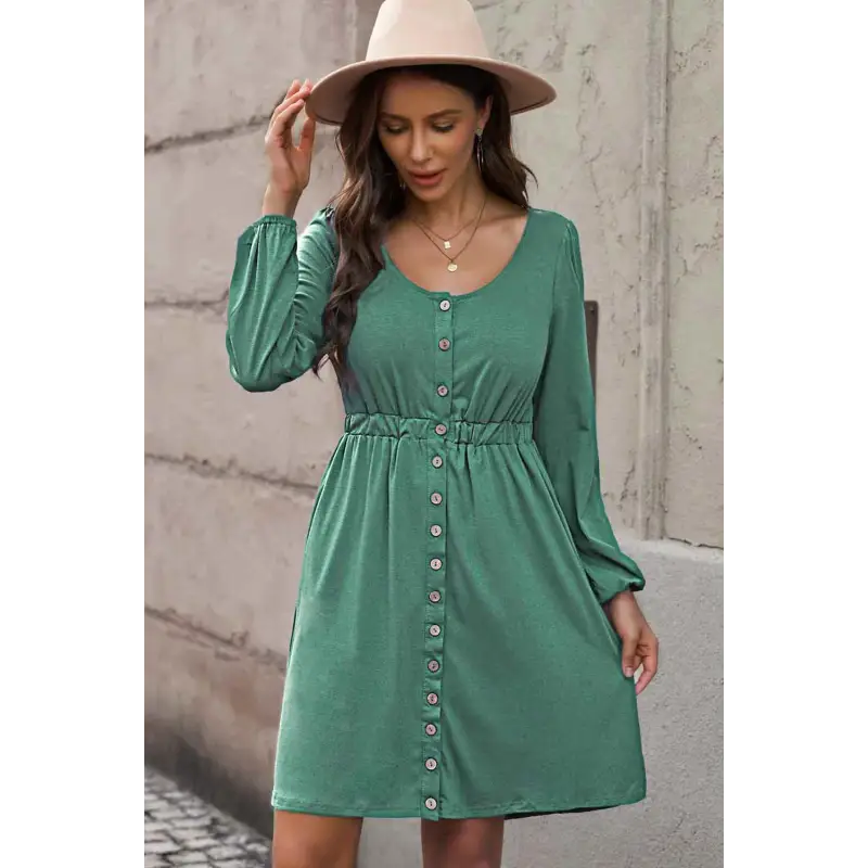 Plus Size Button Front Elastic Waist Long Sleeve Dress Dress