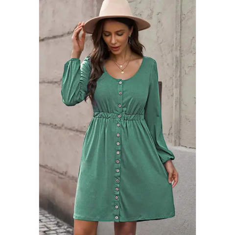 Plus Size Button Front Elastic Waist Long Sleeve Dress Dress