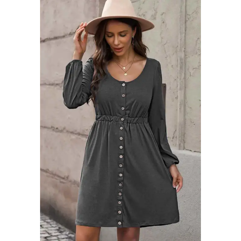 Plus Size Button Front Elastic Waist Long Sleeve Dress Dress