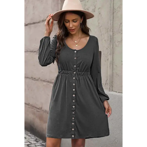 Plus Size Button Front Elastic Waist Long Sleeve Dress Dress