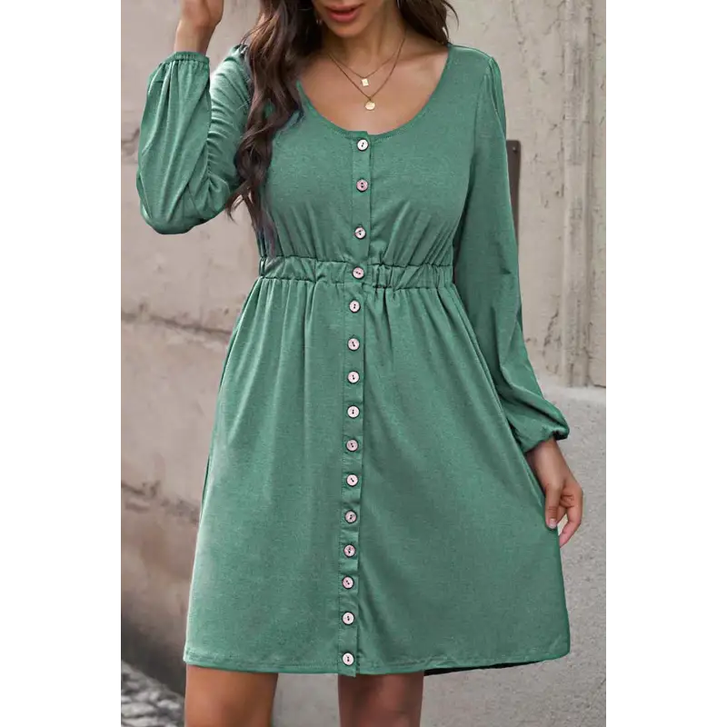 Plus Size Button Front Elastic Waist Long Sleeve Dress Dress