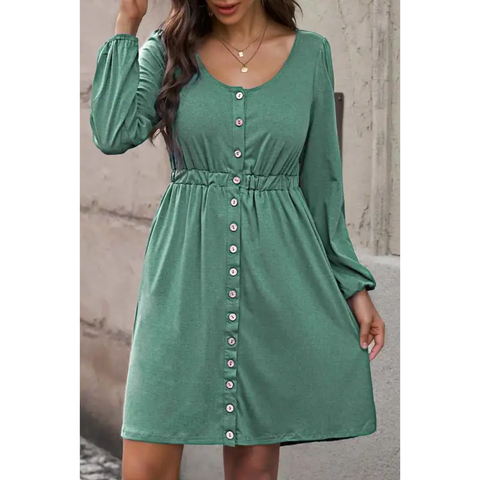 Plus Size Button Front Elastic Waist Long Sleeve Dress Dress